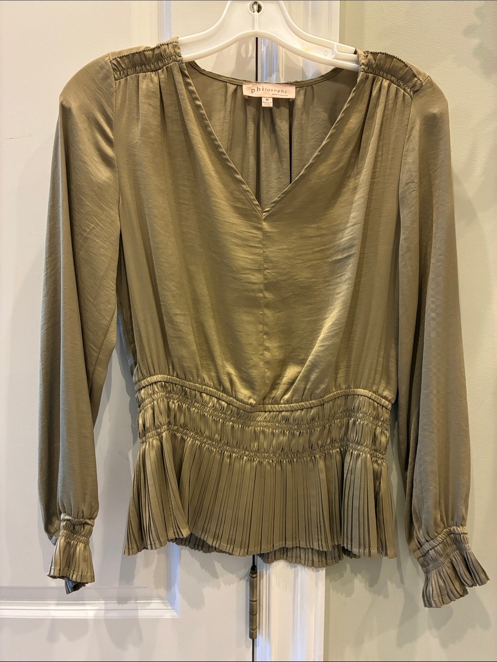 Philosophy Olive Peplum Pleated V-Neck Blouse